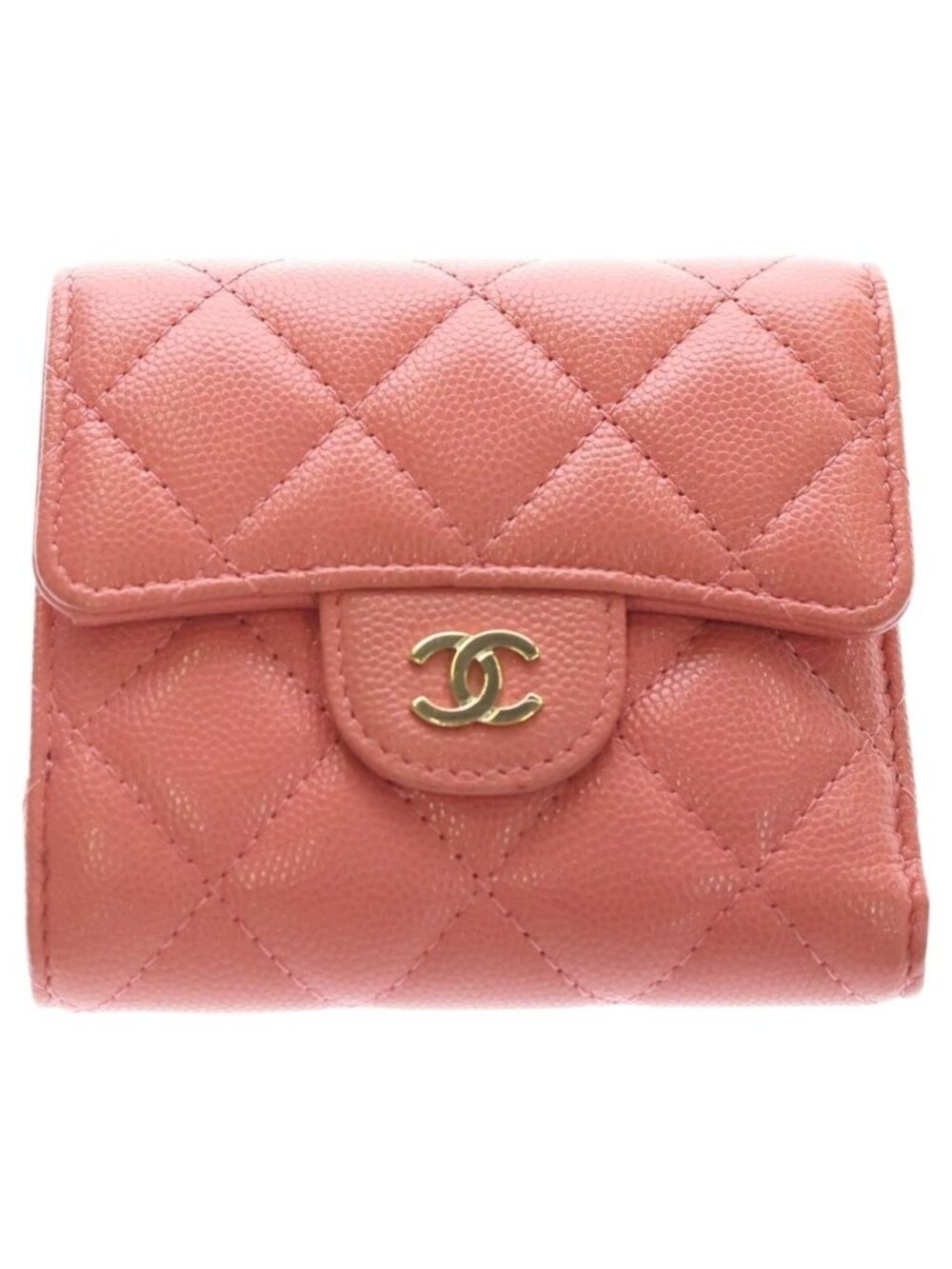 Chanel Quilted Trifold Wallet Compact Coin Case Pink Caviar Leather Gold